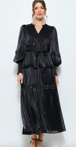 iNA Shimmer Crinkled Long Sleeve Tiered Midi Dress in Black