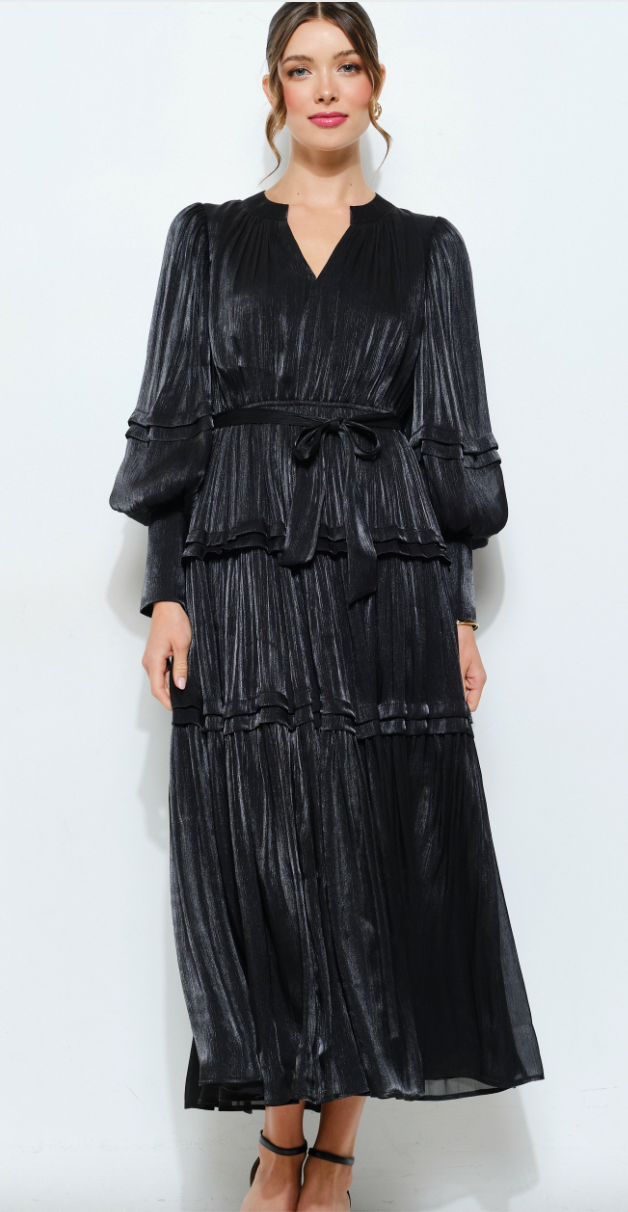 knee length dresses for ladies iNA Shimmer Crinkled Long Sleeve Tiered Midi Dress in Black