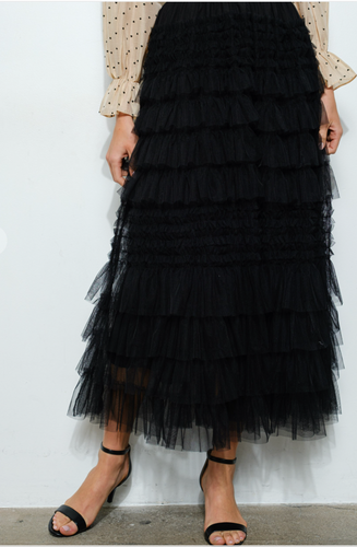 iNA High-Waist Tiered Ruffled Maxi Skirt in Black