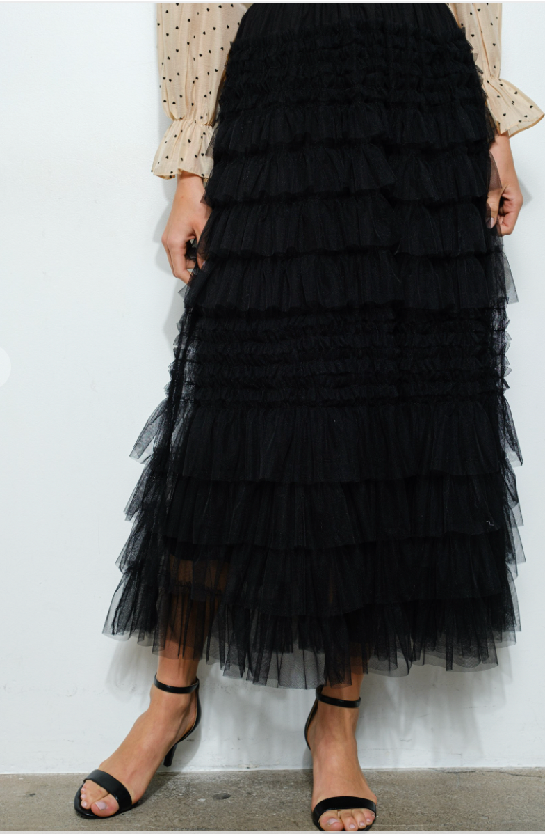 iNA High-Waist Tiered Ruffled Maxi Skirt in Black