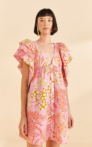 Farm Rio Pink Mixed Lobsters Organic Cotton Mini Dress - FINAL SALE