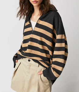 Free People Coastal Stripe Pullover in Carbon/Caramel