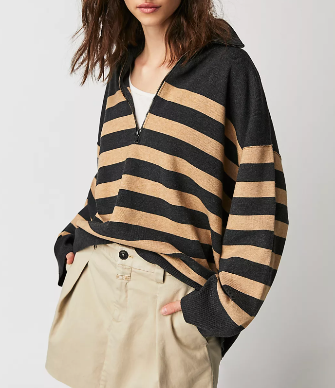 Free People Coastal Stripe Pullover in Carbon/Caramel