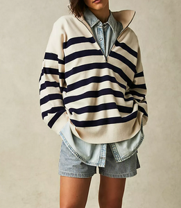 Free People Coastal Stripe Pullover in Ivory/Navy