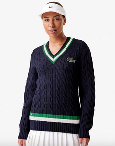 Lacoste x Bandier Cable Knit Sweater in Navy/Green/White