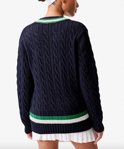 Lacoste x Bandier Cable Knit Sweater in Navy/Green/White - FINAL SALE