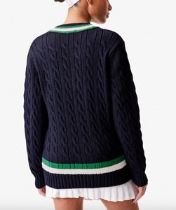 Lacoste x Bandier Cable Knit Sweater in Navy/Green/White
