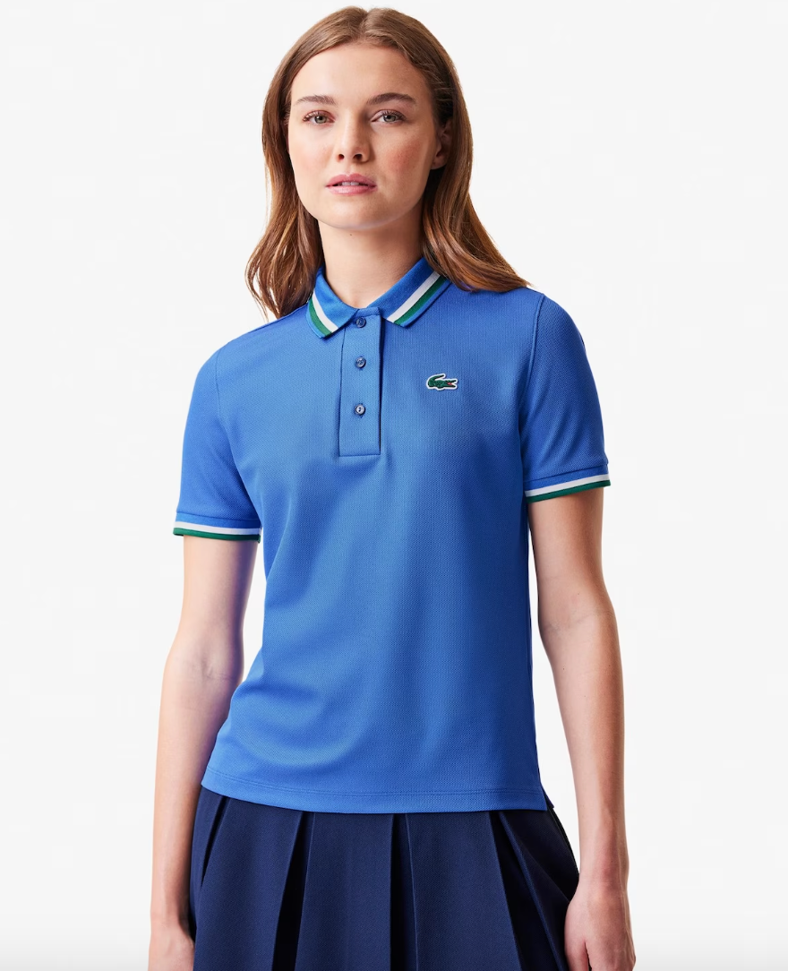 Lacoste x Bandier Piqué Tennis Polo with Contrast Striped Collar in Blue/Green - FINAL SALE