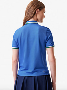 Lacoste x Bandier Piqué Tennis Polo with Contrast Striped Collar in Blue/Green - FINAL SALE