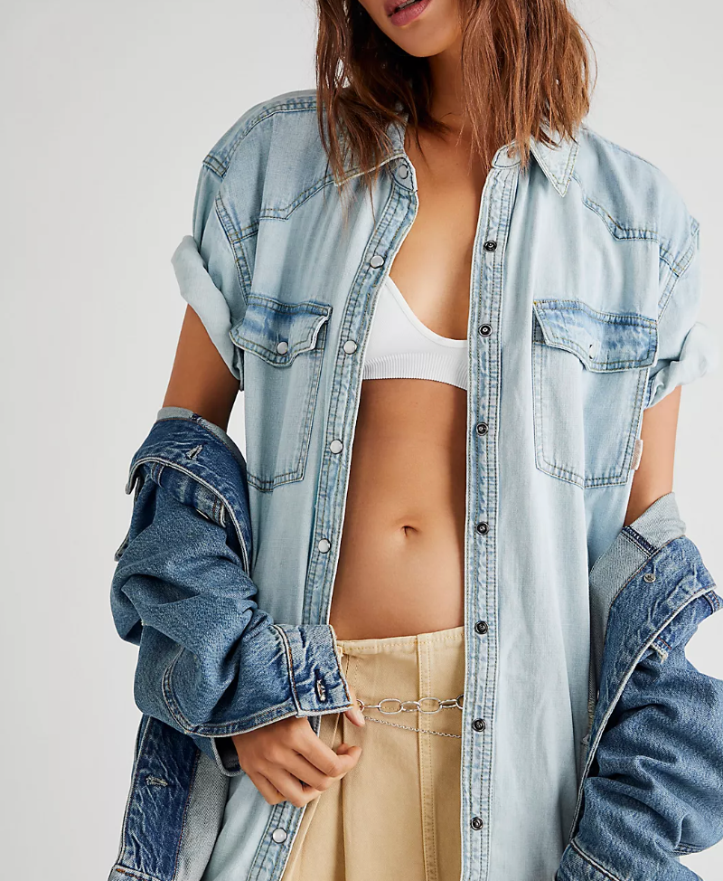 Free People The Short of It Denim Top in Light Vintage - FINAL SALE
