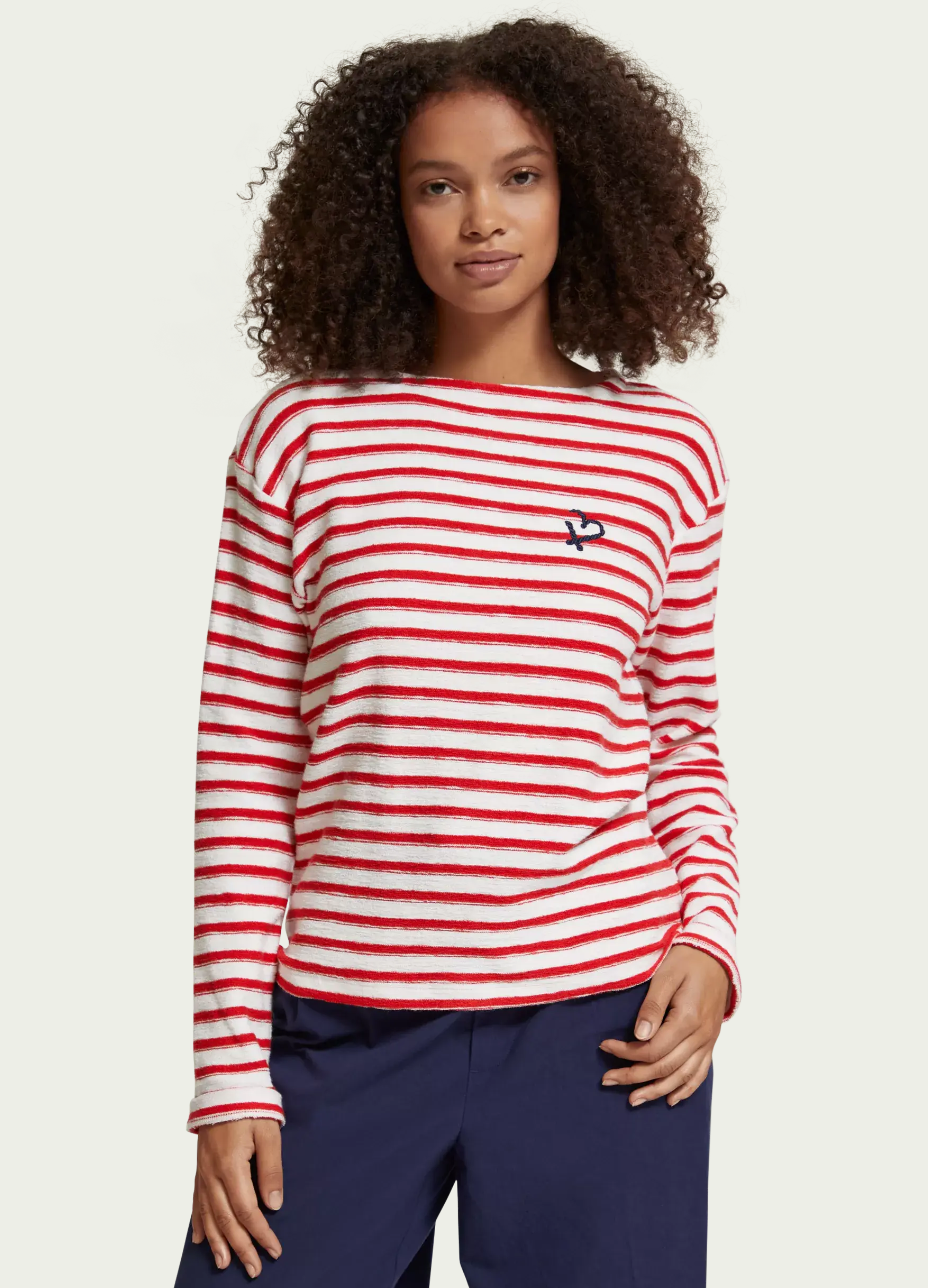 Scotch & Soda Breton Striped Boxy T-Shirt in Lipstick Red