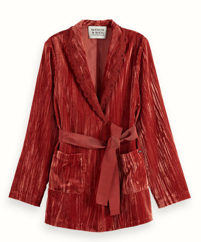 Scotch and Soda Lace Trimmed Velvet Pyjama Blazer in Rust - FINAL SALE