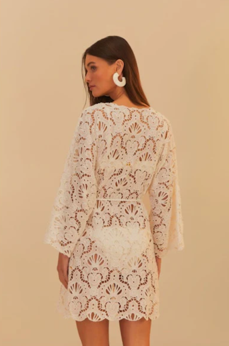 knee length dresses for ladies Farm Rio White Seashell Eyelet Mini Dress