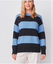 Load image into Gallery viewer, Sundry Bold Stripe Tunic Sweater w/ Embroidery in Black Blue Ice