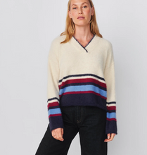 Load image into Gallery viewer, Sundry Furry Border Stripe V-Neck Sweater in Oyster