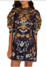 Load image into Gallery viewer, Farm Rio Golden Nature Navy Blue Short Sleeve Mini Dress