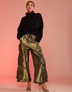 Cynthia Rowley Metallic Cargo Pants in Black/Gold
