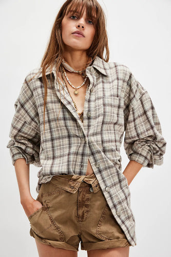 Free People We The Free Ashley Plaid Shirt in Ivory Combo
