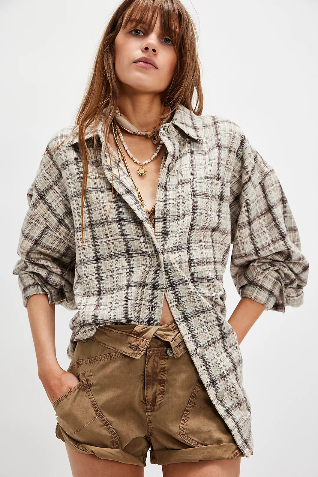 Free People We The Free Ashley Plaid Shirt in Ivory Combo
