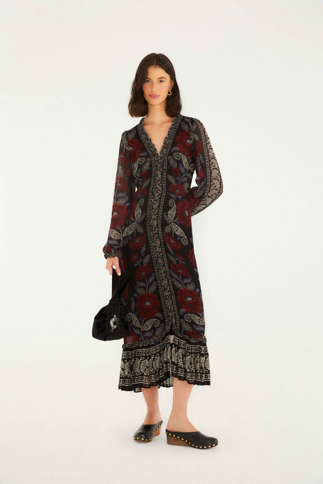 Farm Rio Black Valentina Ruffles Long Sleeve Midi Dress