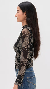 Farm Rio Striped Tiger Black Tulle Blouse