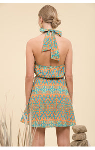 Moon River Front-Tie Halter Dress in Aqua Multi - FINAL SALE