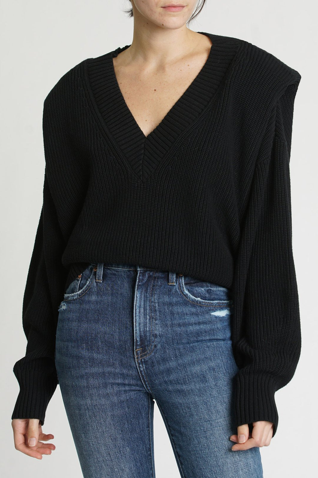 Pistola Camille V-Neck Shoulder Pad Sweater in Midnight - FINAL SALE
