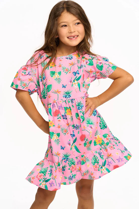 Chaser Kids Niki Tropical Floral Short Sleeve Dress - Pink Lemonade