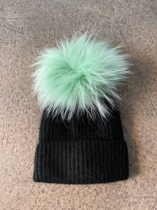 Linda Richards Wool Pom Pom Hat in Black/Mint Green