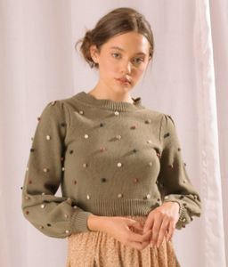 Storia Girls Polka Dot Sweater in Olive - FINAL SALE