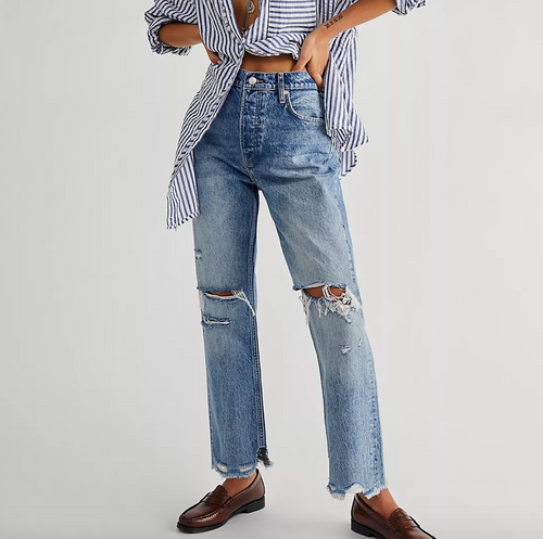 Free People Tapered Baggy Boyfriend Jeans in Mid Century Blue - FINAL SALE
