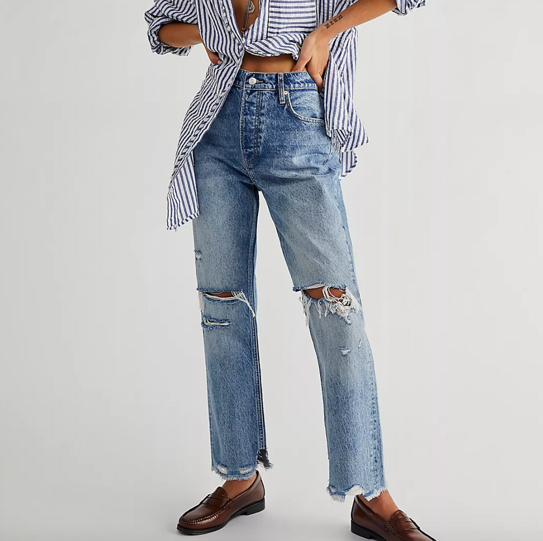 Free People Tapered Baggy Boyfriend Jeans in Mid Century Blue