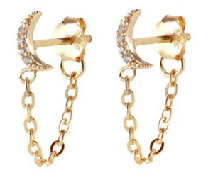 Kris Nations Crescent Moon Crystal Chain Stud Earrings