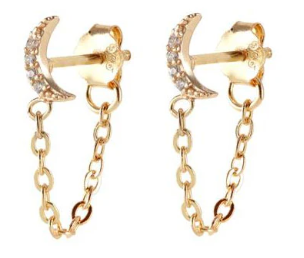 Kris Nations Crescent Moon Crystal Chain Stud Earrings