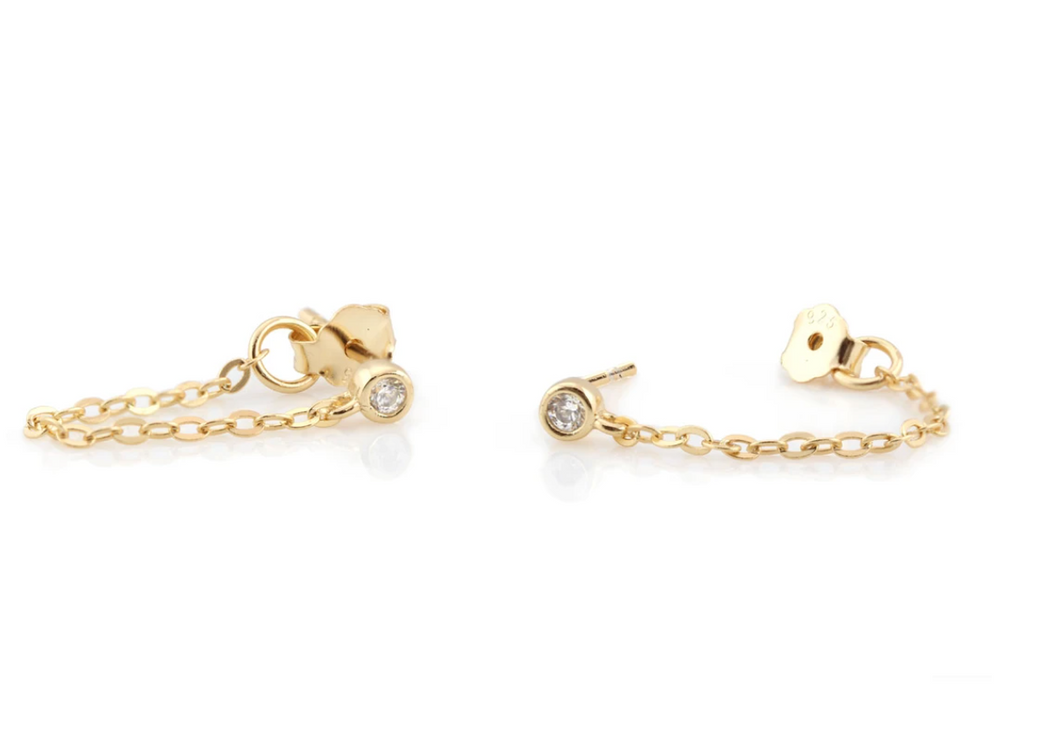 Kris Nations Chain Stud Earrings w/White Topaz in Gold