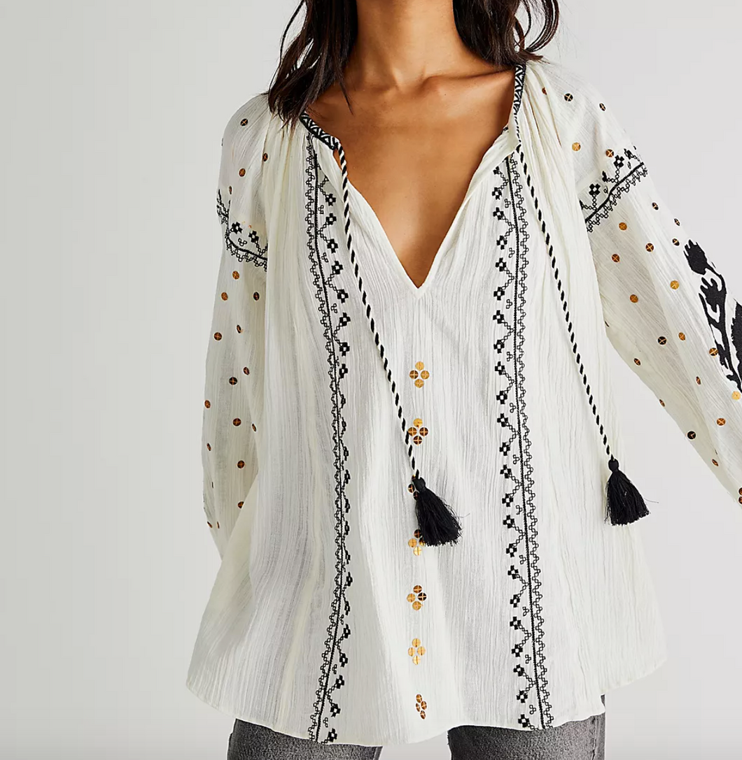 Free People Tallie Embroidered Tunic in Ivory Combo - FINAL SALE
