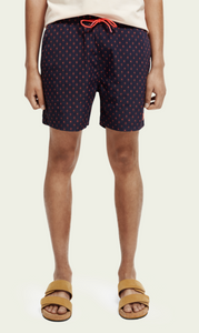 Scotch & Soda Mens Mid-Length Printed Swim Short in Navy/Pink - FINAL SALE