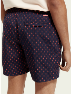 Scotch & Soda Mens Mid-Length Printed Swim Short in Navy/Pink - FINAL SALE