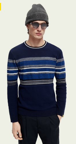 Scotch & Soda Mens Structured Knit Blue/White/Blk Striped Crewneck Pullover