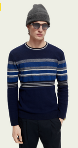 Scotch & Soda Mens Structured Knit Blue/White/Blk Striped Crewneck Pullover