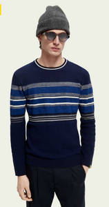 Scotch & Soda Mens Structured Knit Blue/White/Blk Striped Crewneck Pullover - FINAL SALE