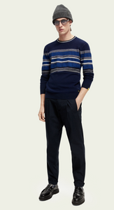 Scotch & Soda Mens Structured Knit Blue/White/Blk Striped Crewneck Pullover