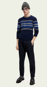 Scotch & Soda Mens Structured Knit Blue/White/Blk Striped Crewneck Pullover - FINAL SALE