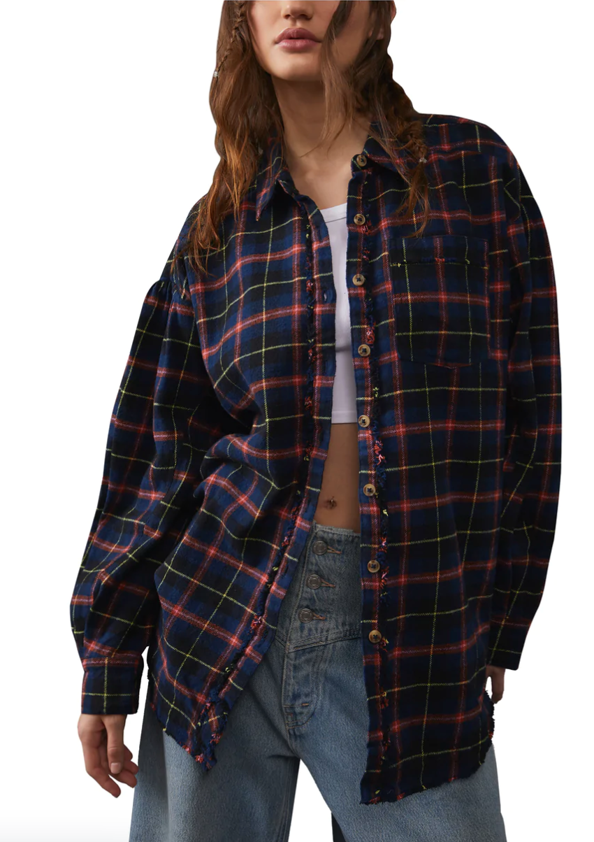 Free People Happy Hour Plaid Shirt in Navy Plaid - FINAL SALE