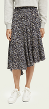 Load image into Gallery viewer, Scotch &amp; Soda  Asymetric Tiered Skirt in Navy/Blk/Ivory Print - FINAL SALE