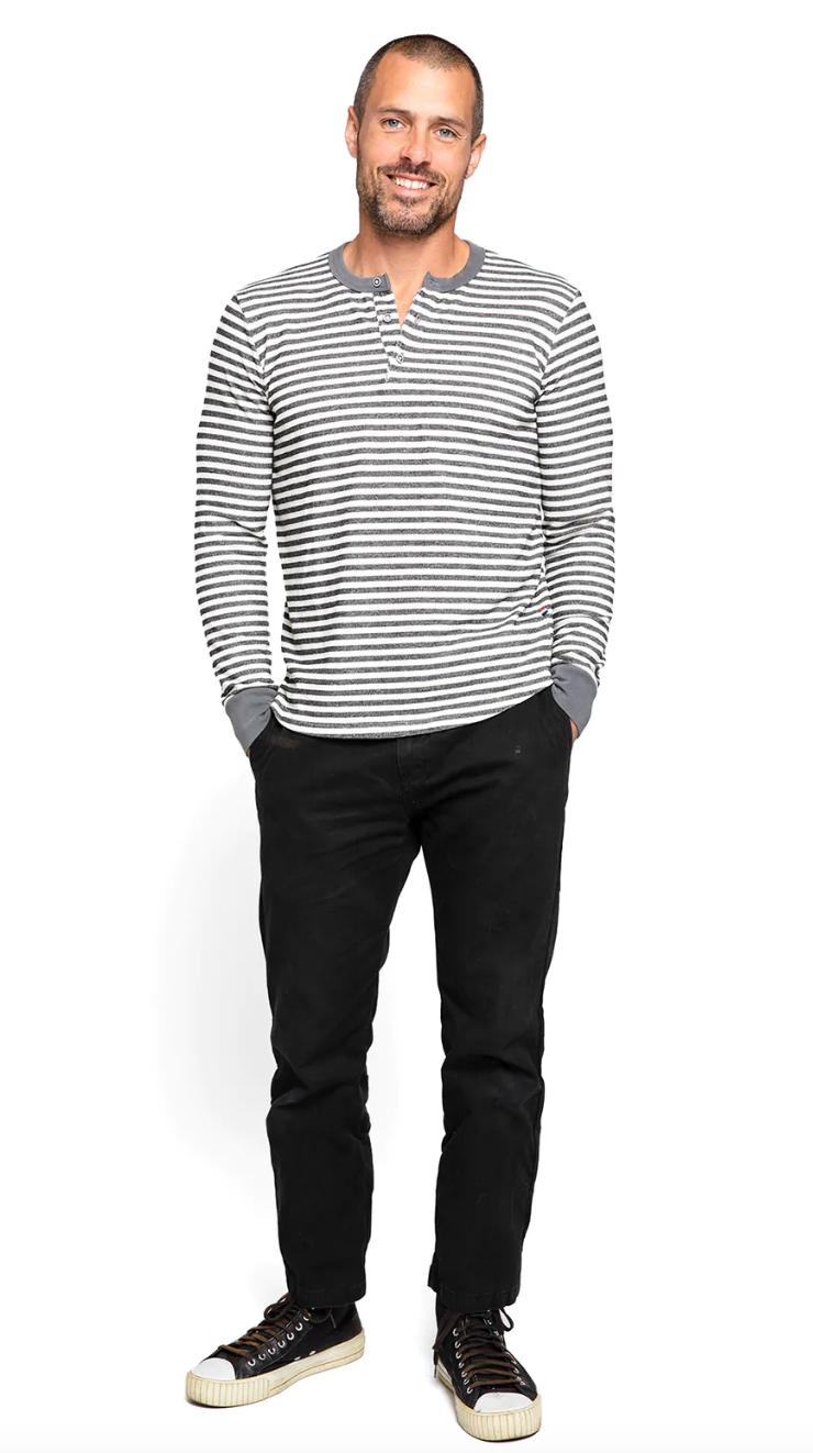 Sol Angeles Mens Charcoal Stripe L/S Henley in Natural