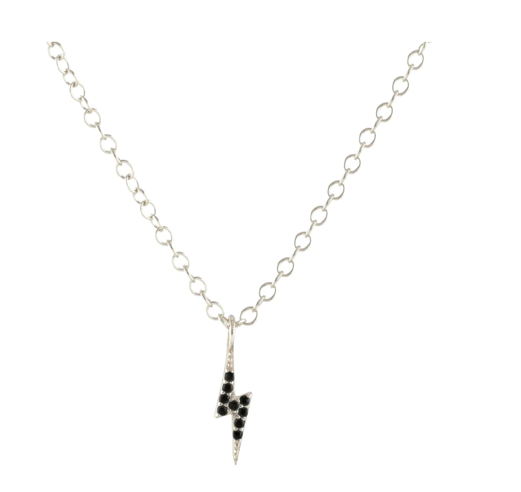 Kris Nations Lightning Bolt Black Crystal Charm Necklace in Sterling Silver