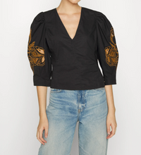 Load image into Gallery viewer, Scotch &amp; Soda V-Neck Fitted Top w/Broderie Volume Sleeves in Black - FINAL SALE