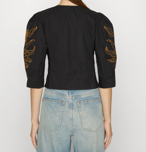 Scotch & Soda V-Neck Fitted Top w/Broderie Volume Sleeves in Black - FINAL SALE