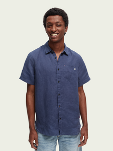 Scotch & Soda Mens Regular-Fit Linen S/S Shirt in Navy